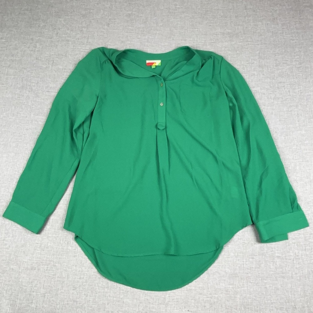 Anthropologie Fervour Blouse Womens L Green Collar Roll Tab Long Sleeve Chiffon